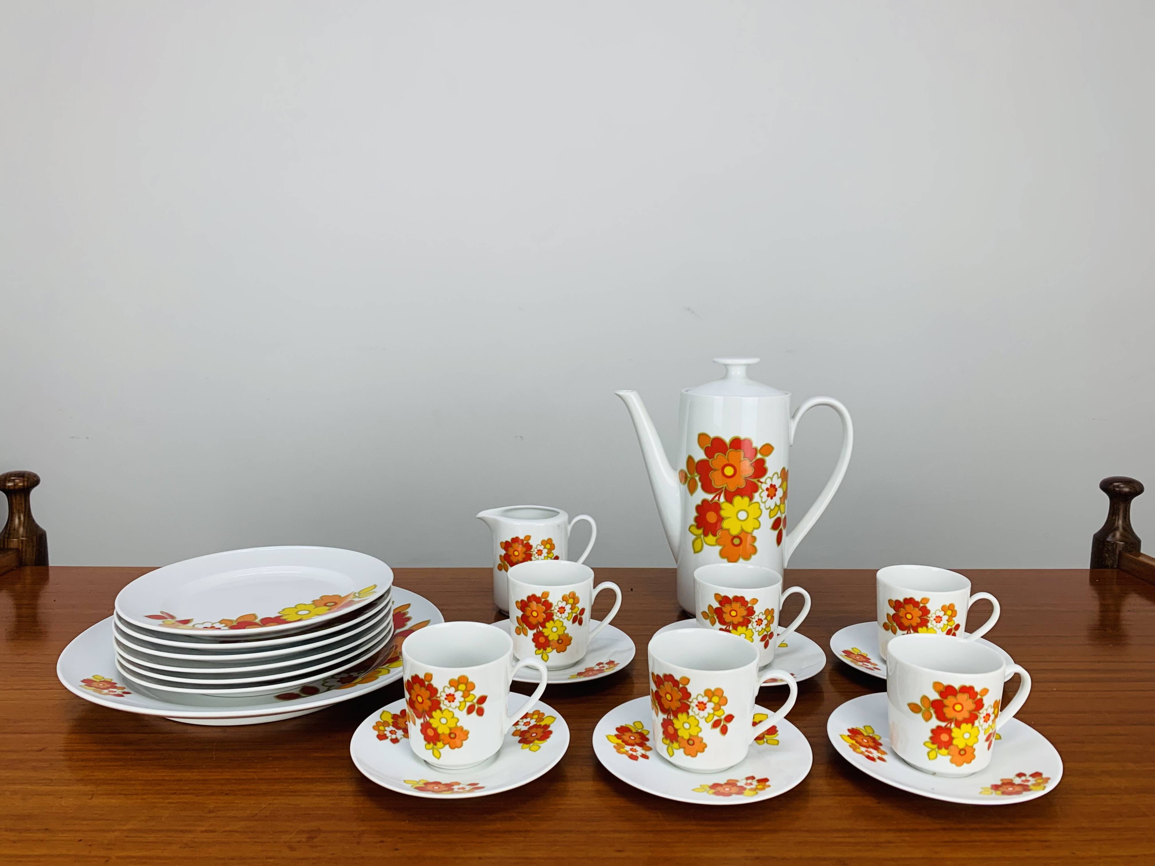Tea and dessert set of 6 cups, German porcelain, flowers, 70s