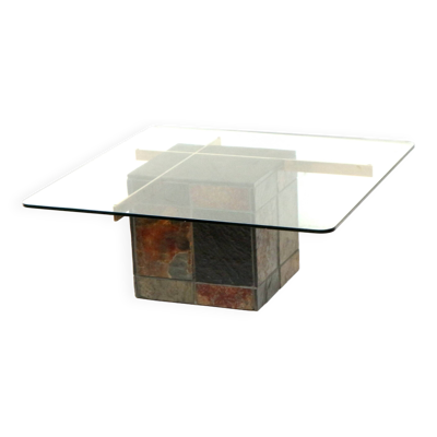 Table basse de design italien par Artedi avec base en pierre naturelle et plateau en verre