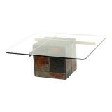 Italian design coffee table by Artedi with natural stone base and glass top