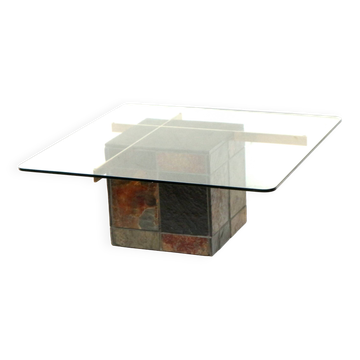 Italian design coffee table by Artedi with natural stone base and glass top
