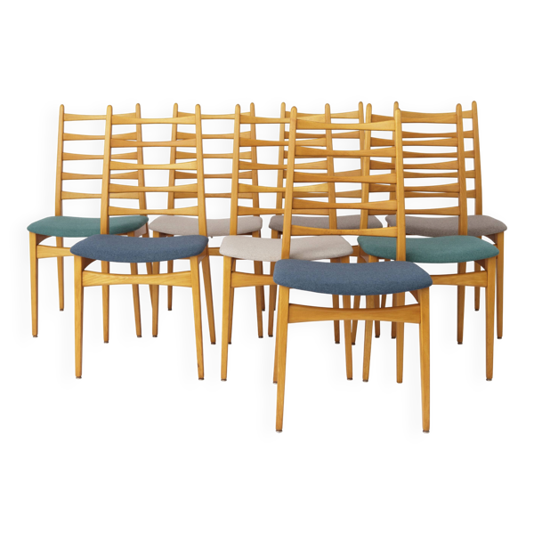 Ensemble de 8 chaises de salle à manger vintage, Wenzel Allemagne années 1970, bois de hêtre, tissu