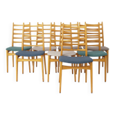 Set of 8 Vintage Dining Chairs, Wenzel Germany 1970s, Beech Wood, Fabric