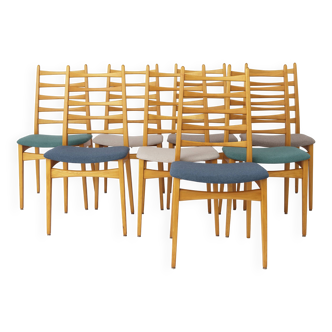 Ensemble de 8 chaises de salle à manger vintage, Wenzel Allemagne années 1970, bois de hêtre, tissu