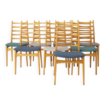 Set of 8 Vintage Dining Chairs, Wenzel Germany 1970s, Beech Wood, Fabric