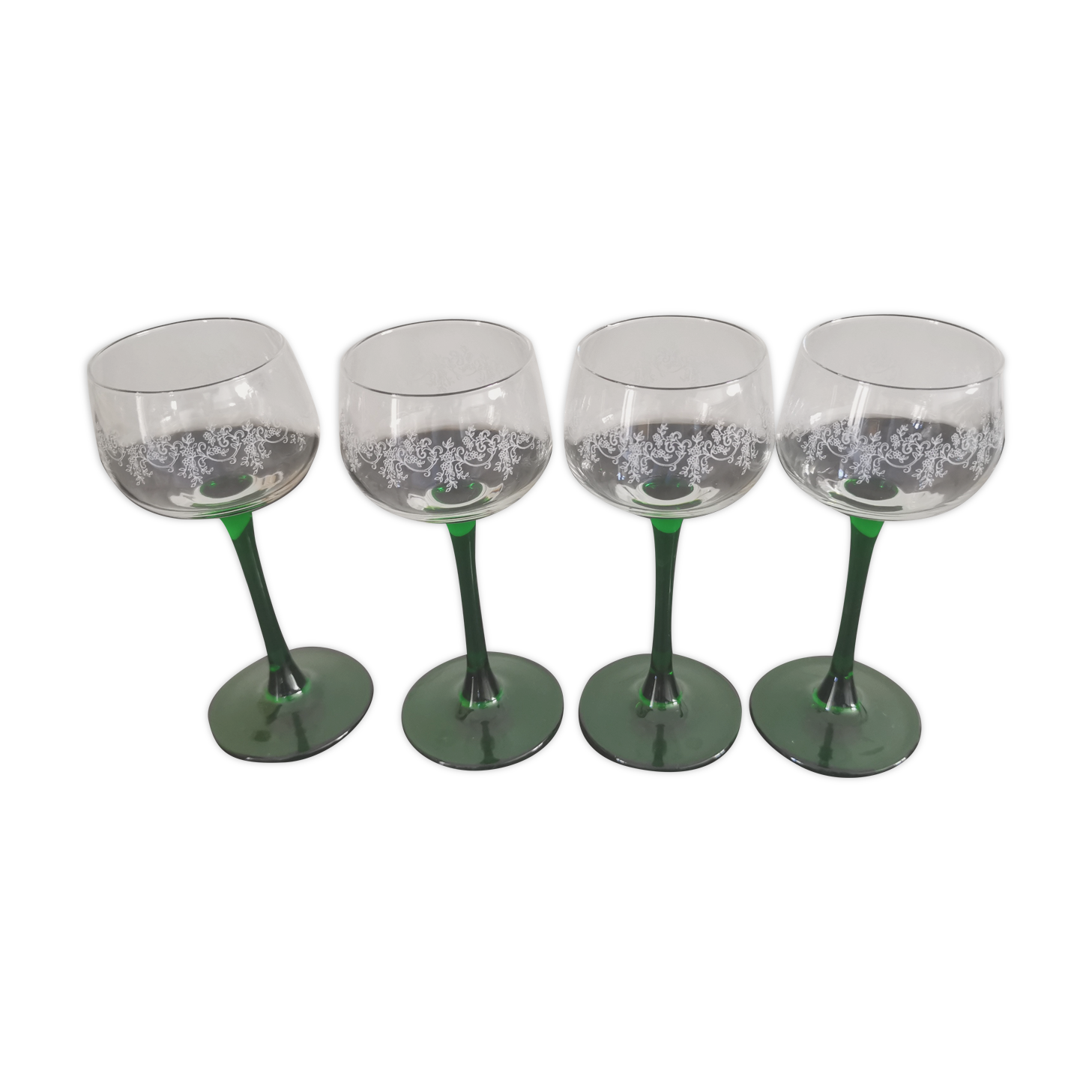 4 Vintage Alsace Wine Glasses with green feet floral decorations