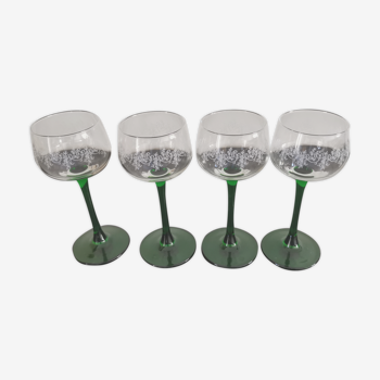 4 verres à Vin d'Alsace vintage à pieds vert décors fleuri