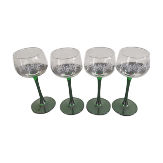 4 verres à Vin d'Alsace vintage à pieds vert décors fleuri