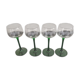 4 Vintage Alsace Wine Glasses with green feet floral decorations