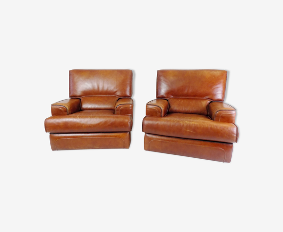 Roche Bobois set of 2 brown leather armchairs 70s