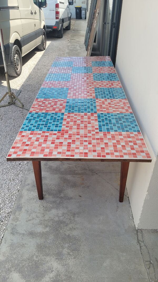 Table de ferme ancienne plateau mosaïque piètements fuselée -2m64