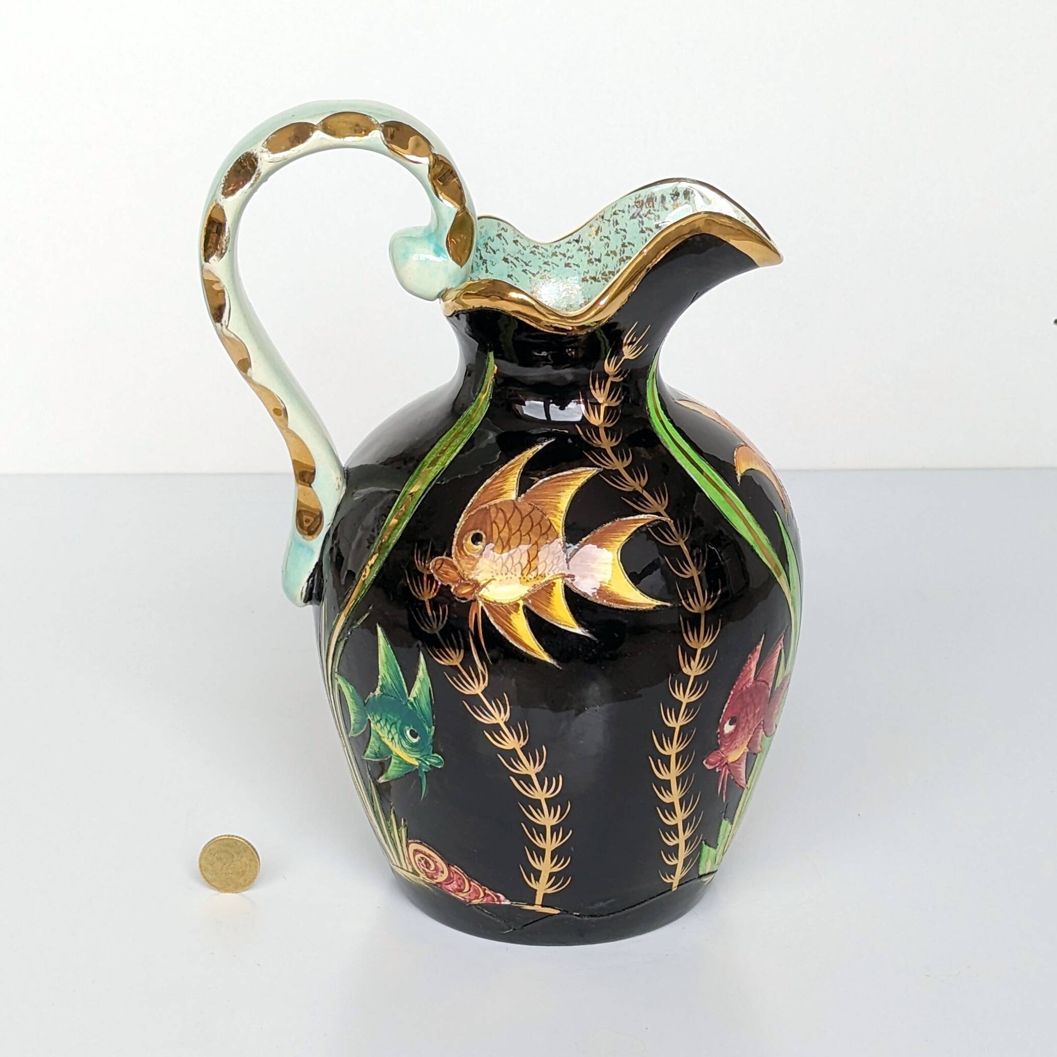 Large pitcher / Monaco vase in polychrome earthenware with bas relief decoration of fish on a seabed