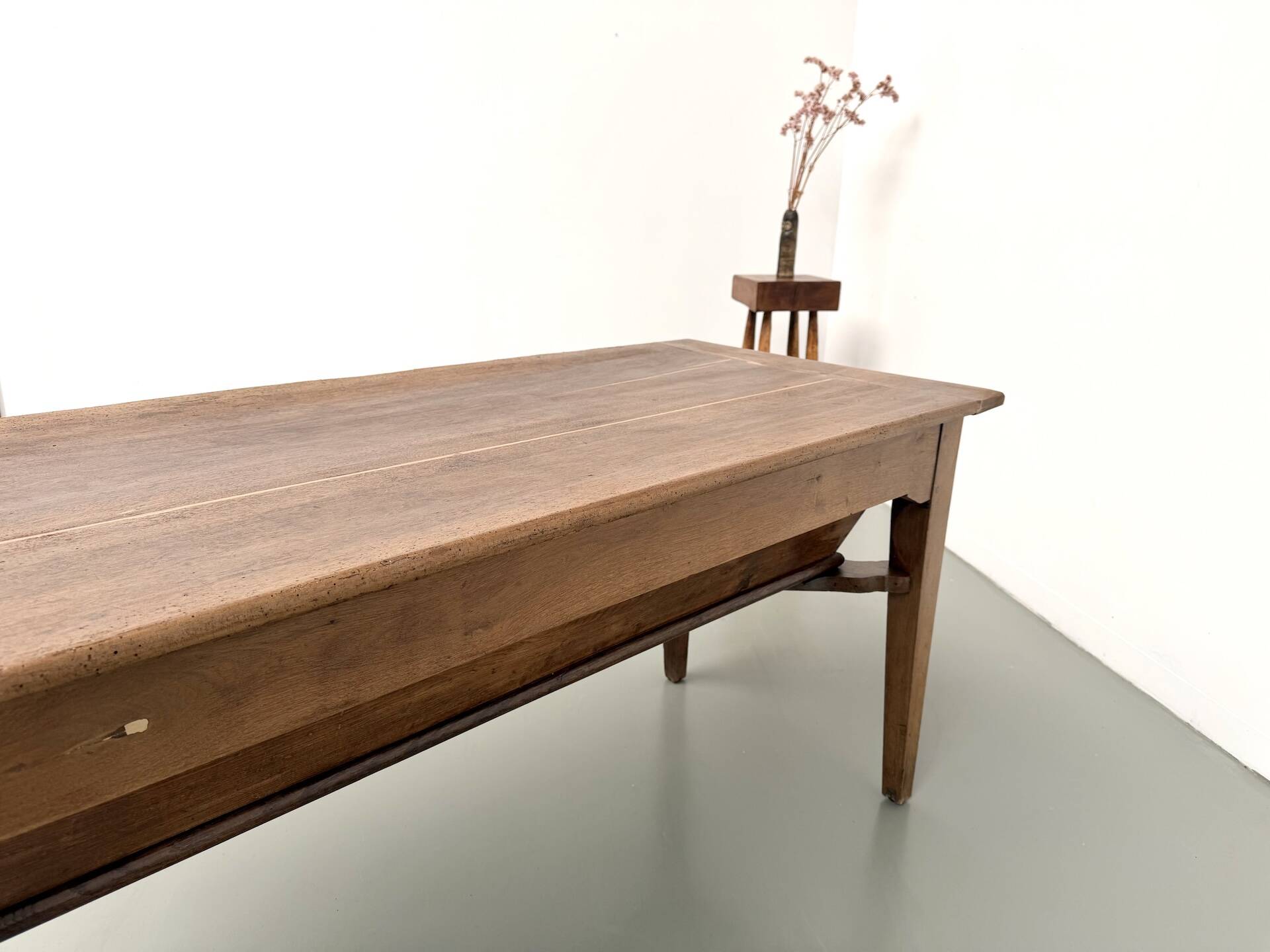 Farm table, old solid oak dough trough, France, around 1920.