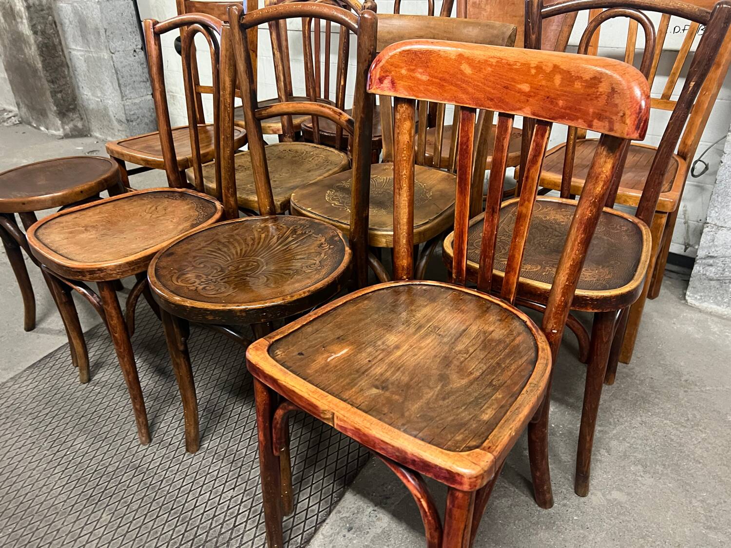 11 antique bistro chairs and a stool (thonet/Fischel/Baumann)