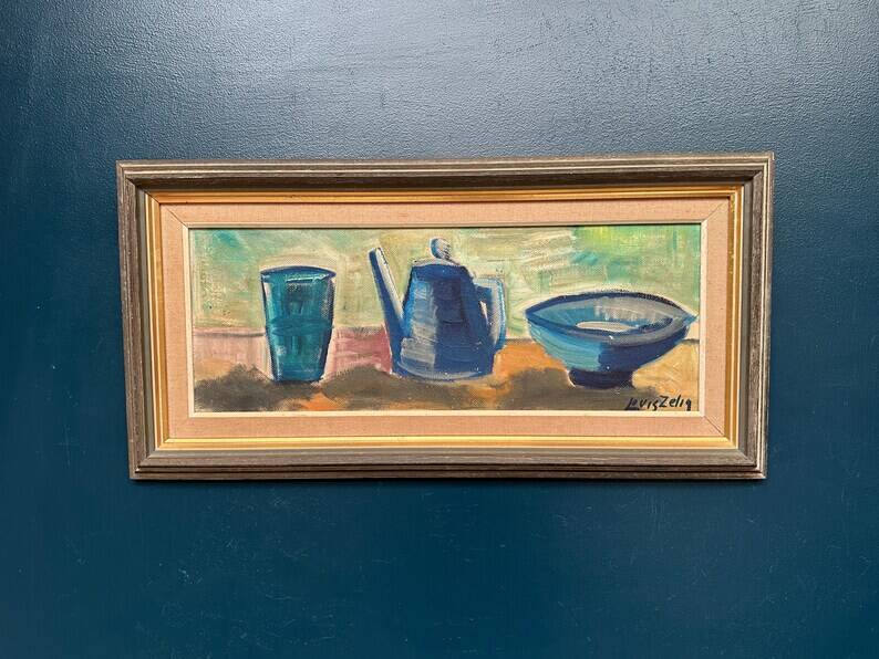 Large Original Swedish Oil on Panel – “Kettle Bowl and Glass” by Louis Zelig – Signed – Vintage & Framed – 40 × 80 cm (15.7" × 31.5")