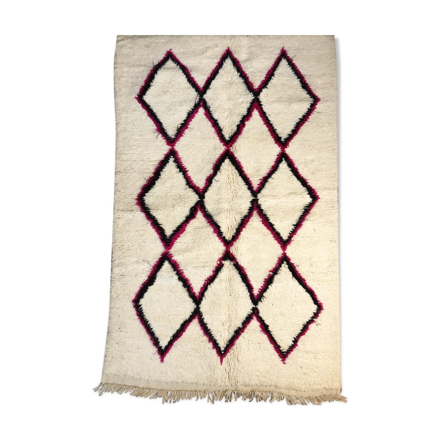 Carpet berber moroccan azilal off-white with pink and black diamonds 100x155cm