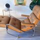 Fauteuil relax Lama 70's, chrome et simili cuir, repose pied repliable