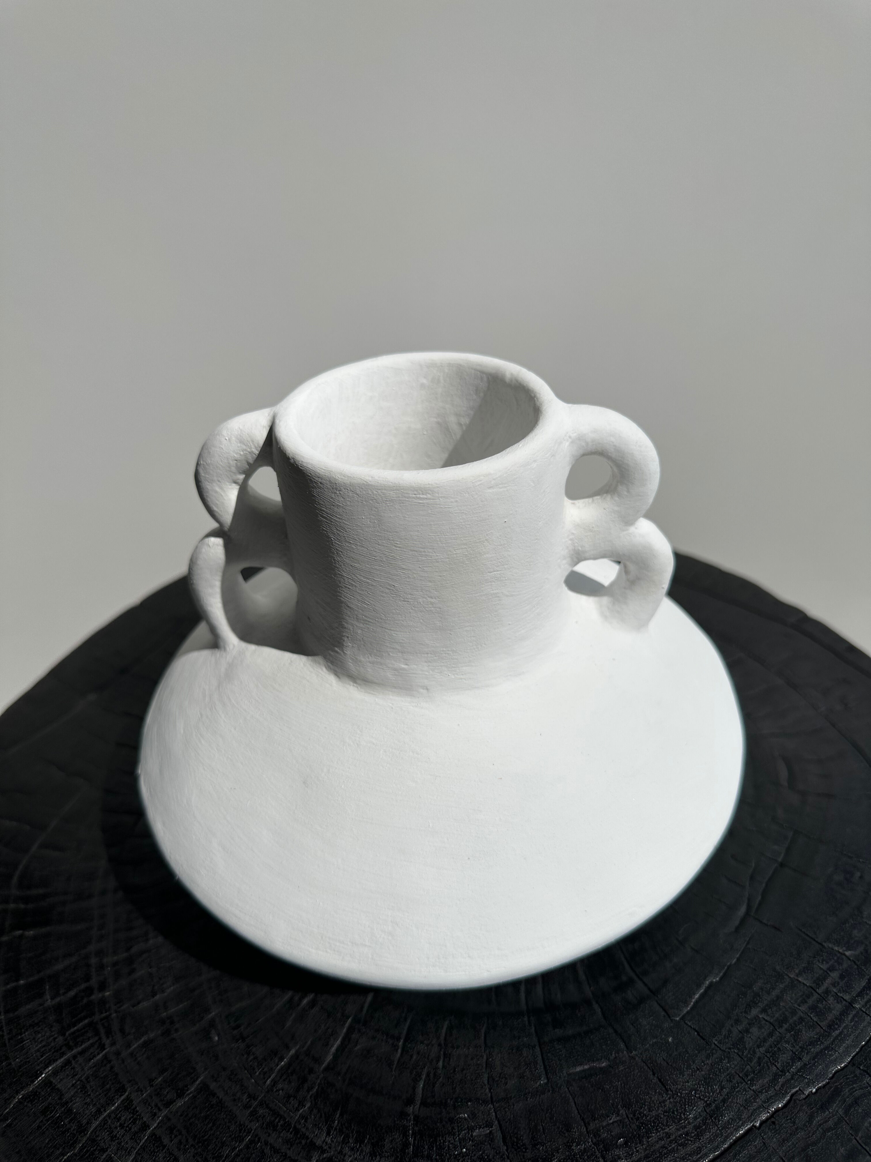 Handmade terracotta vase painted white with double handles H:16 D:20