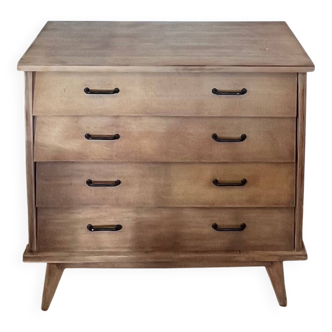 Commode en chêne brut, pieds compas, années 50