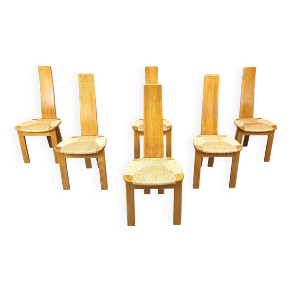 6 chaises de salle à manger en bois et paille, années 1960