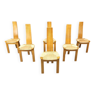 6 chaises de salle à manger en bois et paille, années 1960