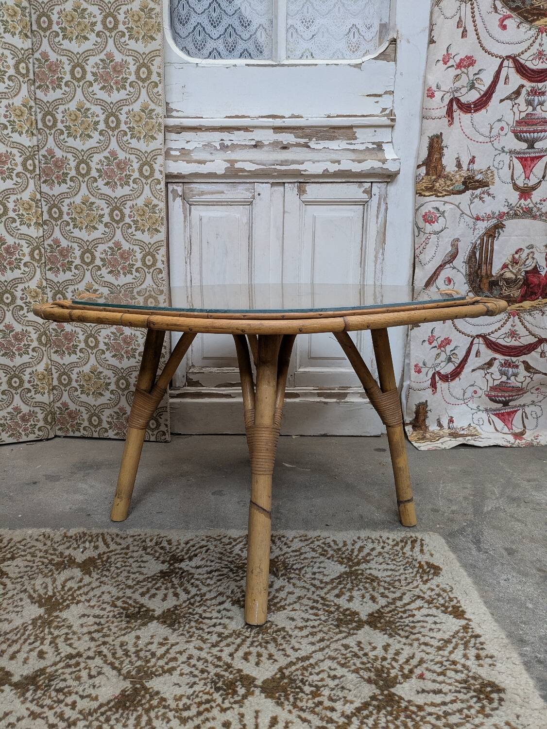 Rattan and glass coffee table