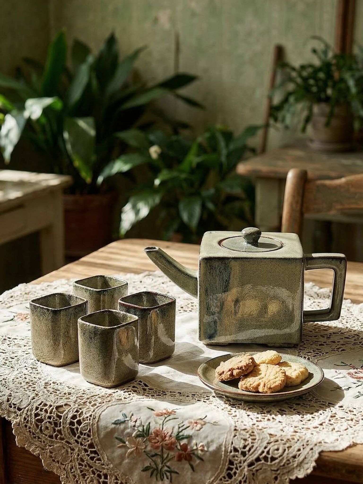 Service à thé chinois en terre cuite émaillée, théière et 4 tasses, années 1980