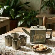 Service à thé chinois en terre cuite émaillée, théière et 4 tasses, années 1980
