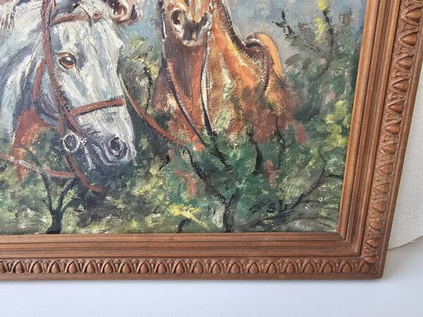 Tableau Huile sur Isorel - Chevaux Signé SL (Signature a identifier)