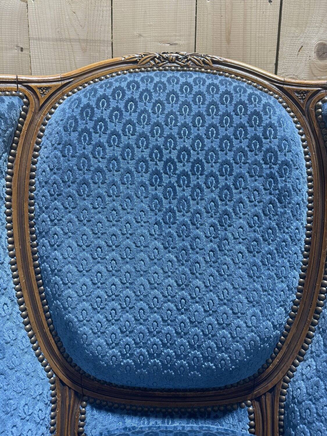 Louis XVI style blue velvet wingback armchair