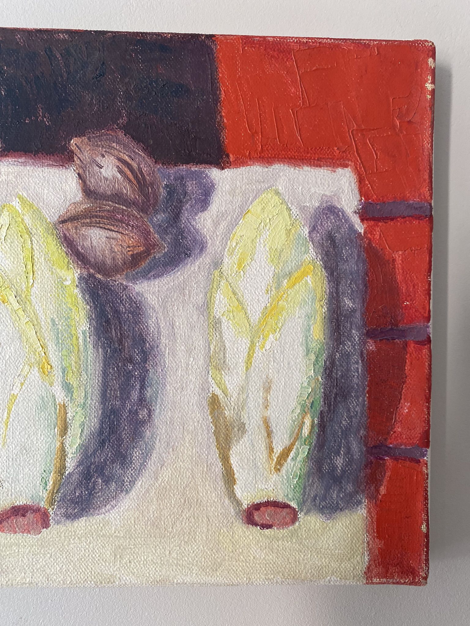 Old painting, still life with endive nuts and sausages, signed and dated 80