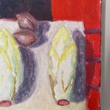 Old painting, still life with endive nuts and sausages, signed and dated 80
