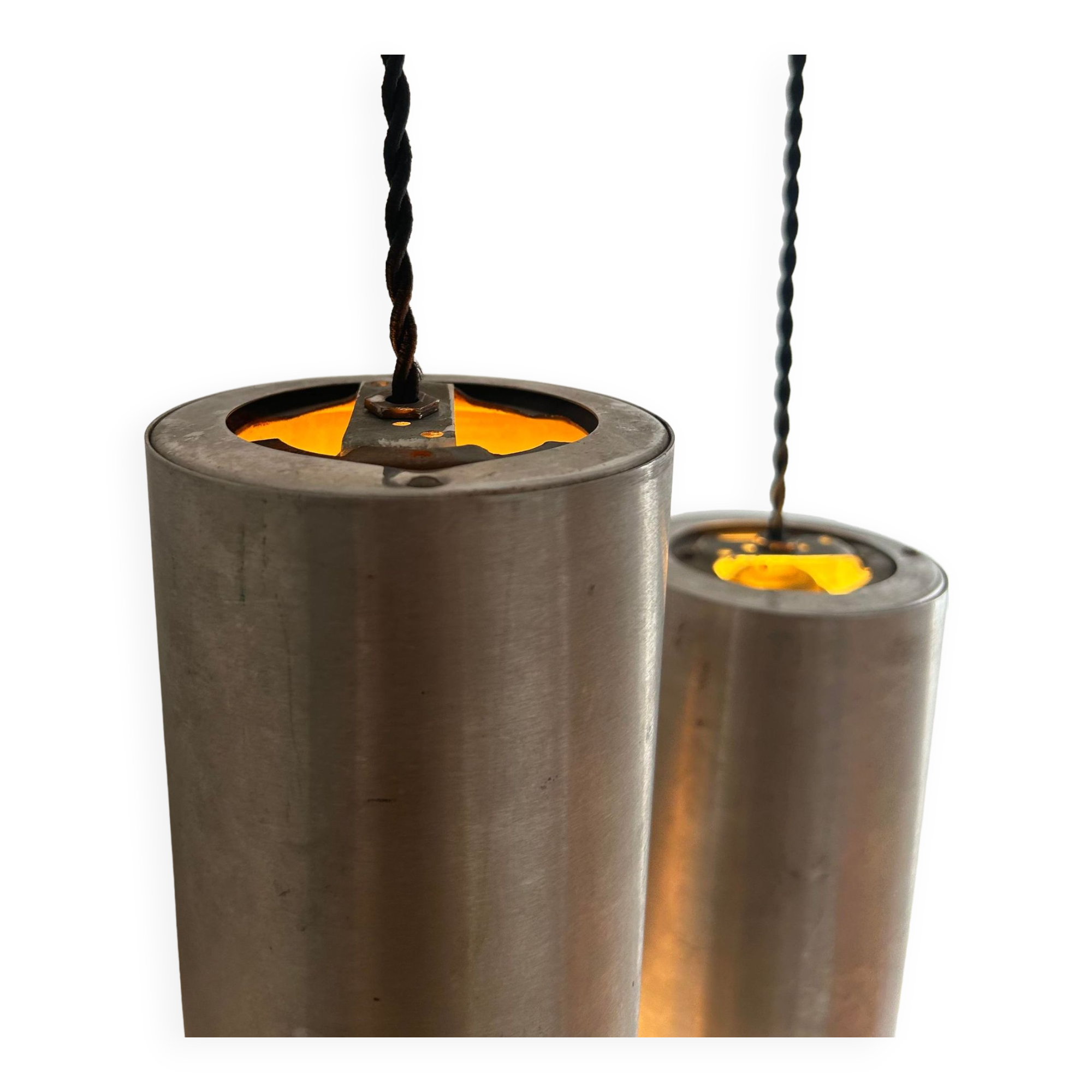 Pair of vintage brushed metal pendant lamps, France 1960