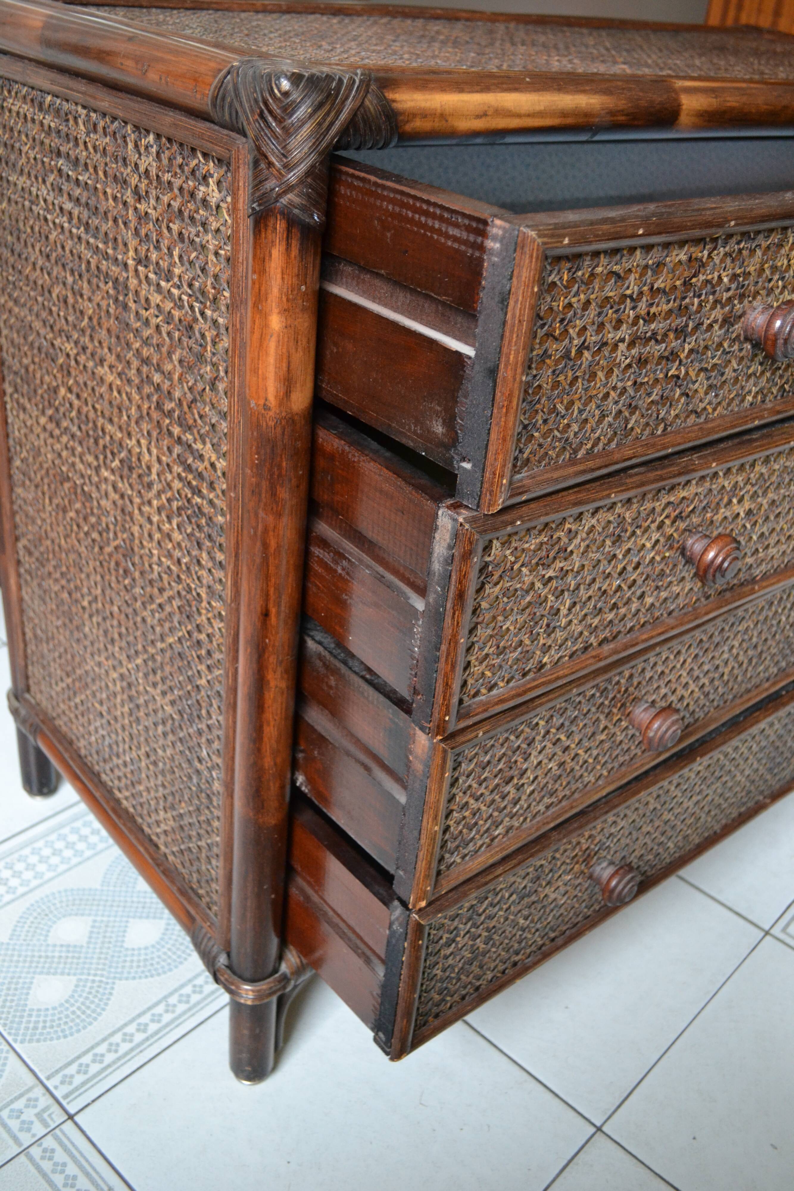 Vintage rattan bamboo chest of drawers