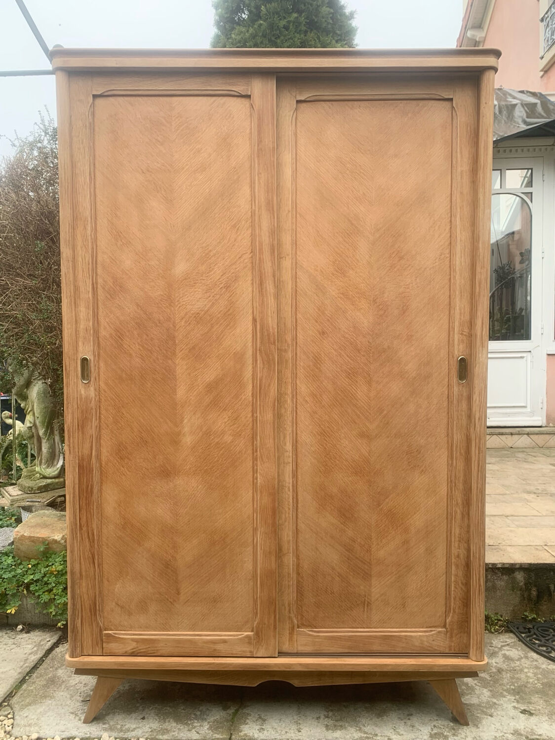 Vintage wardrobe with compass legs in raw wood, sliding doors, 1960s
