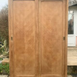 Vintage wardrobe with compass legs in raw wood, sliding doors, 1960s