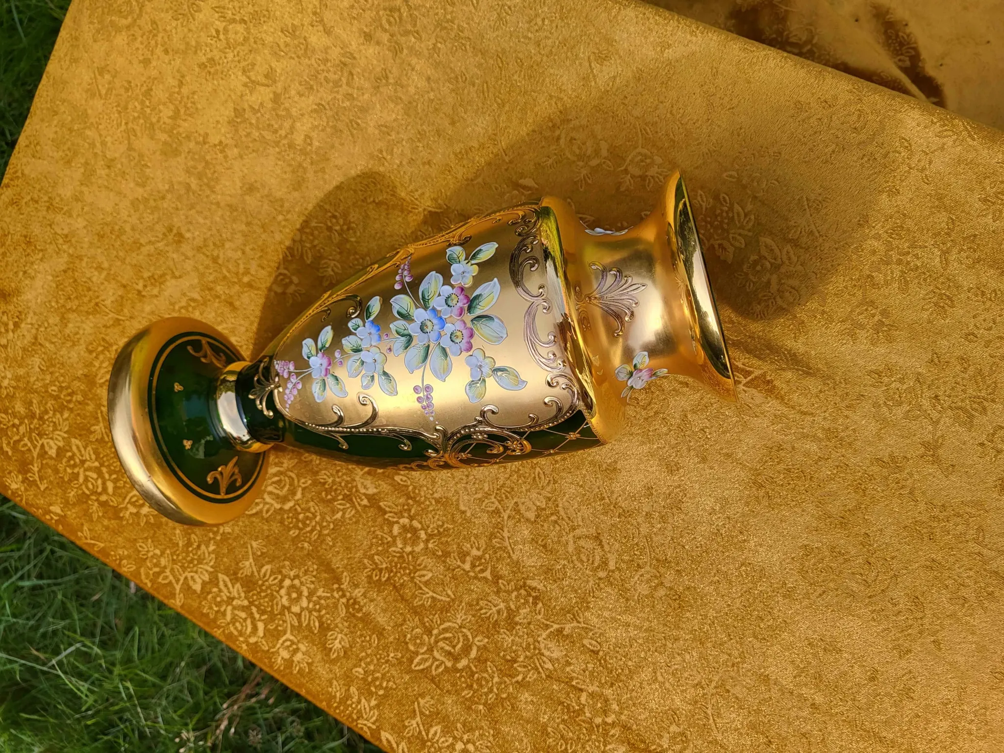 Bohemian Crystal Emerald Green Vase with 24K Gold Encrusted Floral Design