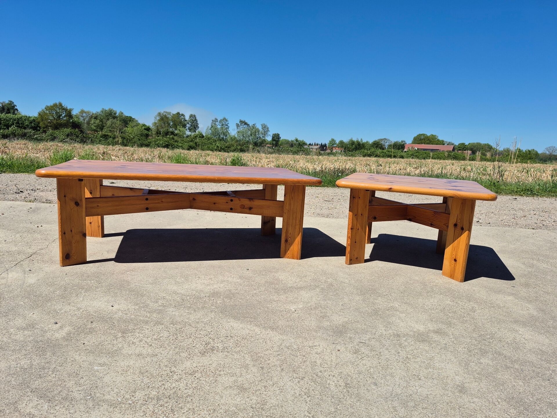 Vintage set pine coffee table and corner table