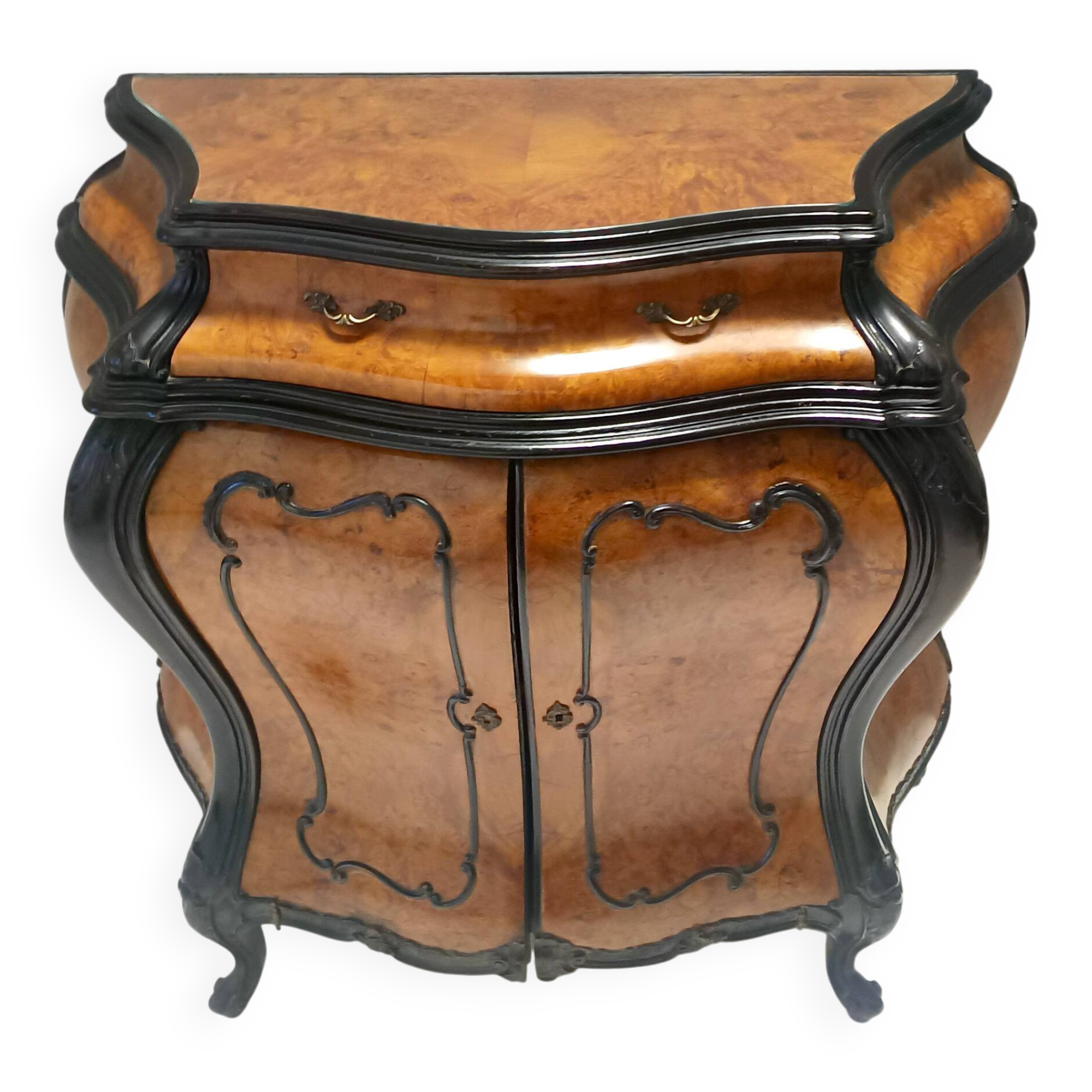 Ebonized Beech and Walnut-Root Cabinet with a Glass Top, Brianza, Italy