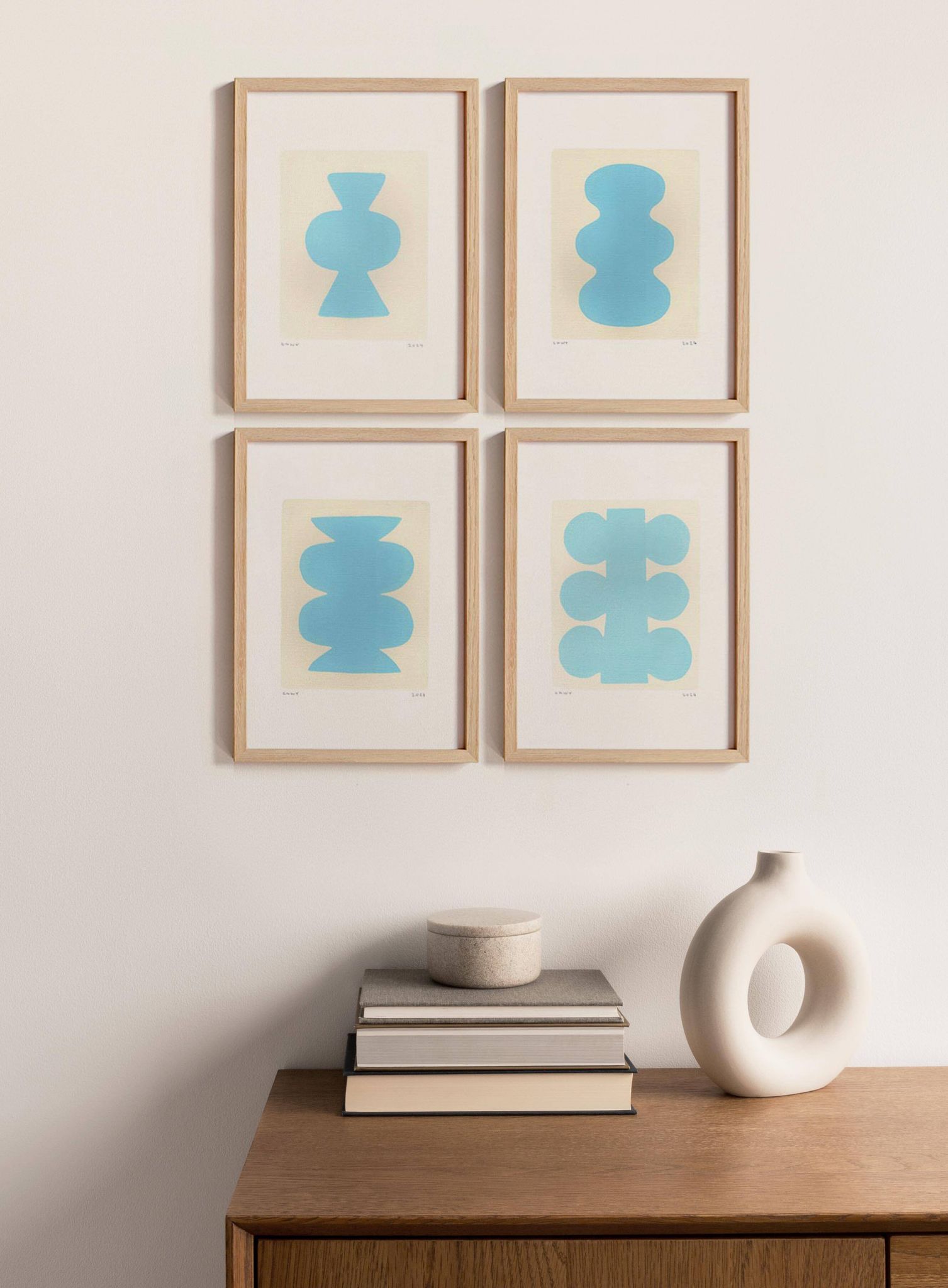 Collection of 4 sky blue abstract paintings signed Eawy.