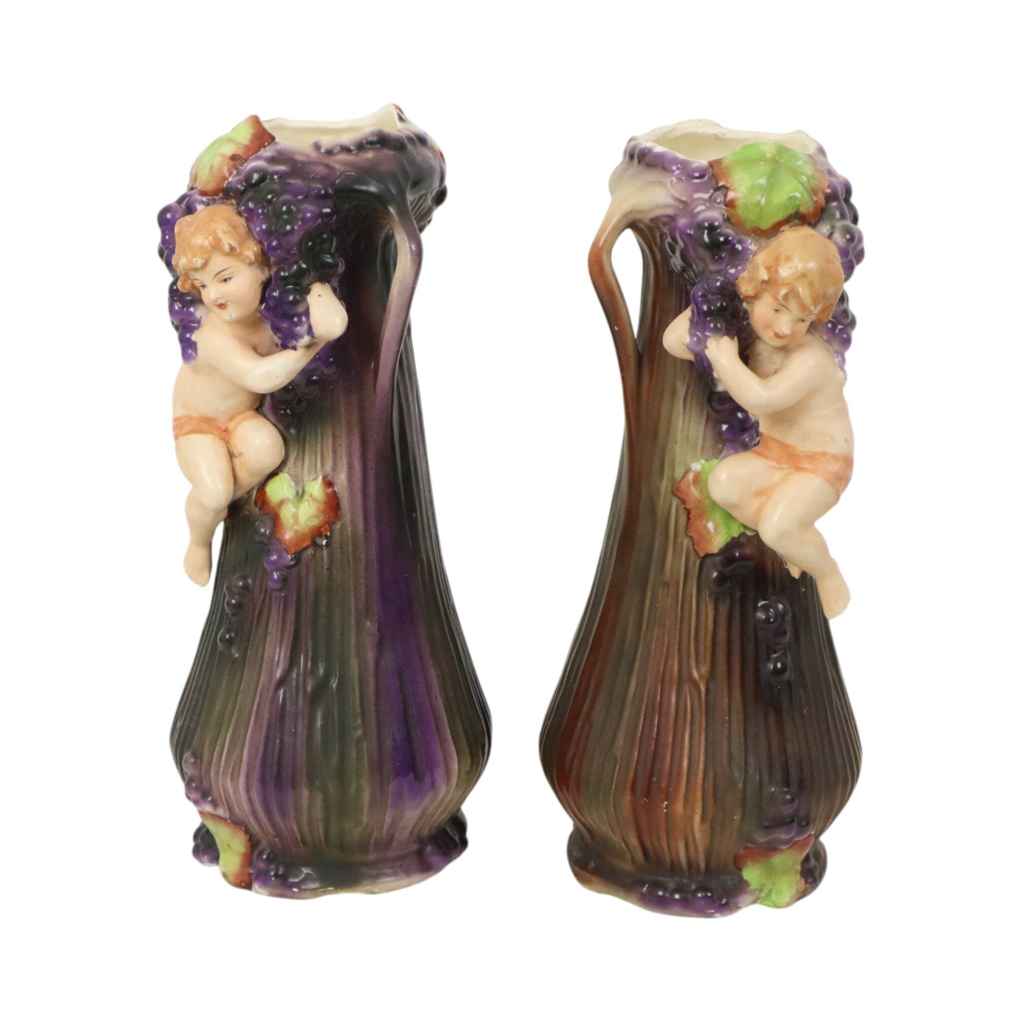 Art Nouveau Vases Putti Cherub Amphora Style Pottery