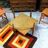 Vintage coffee table in woven wicker and rattan glass from the 60s/70s