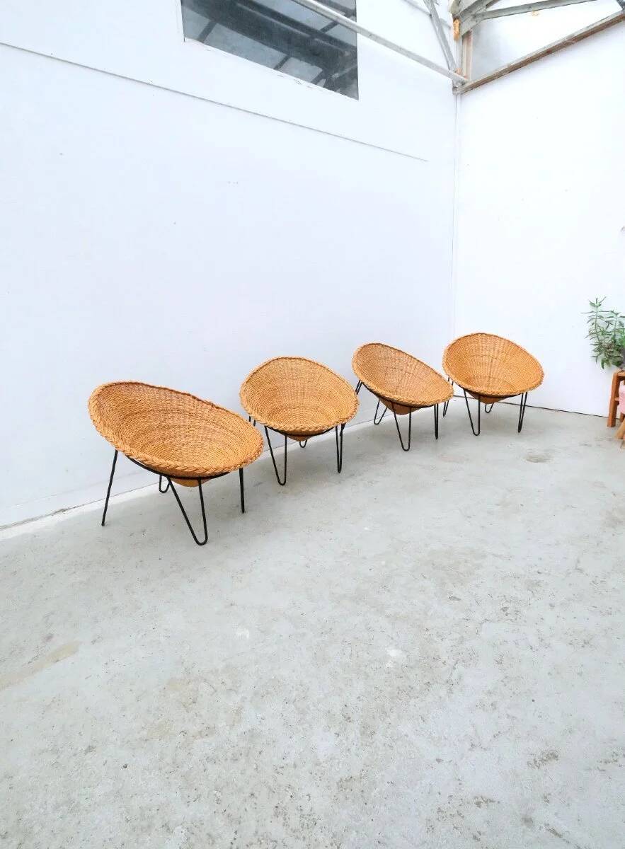 Set of 4 rattan and metal armchairs, France 1950