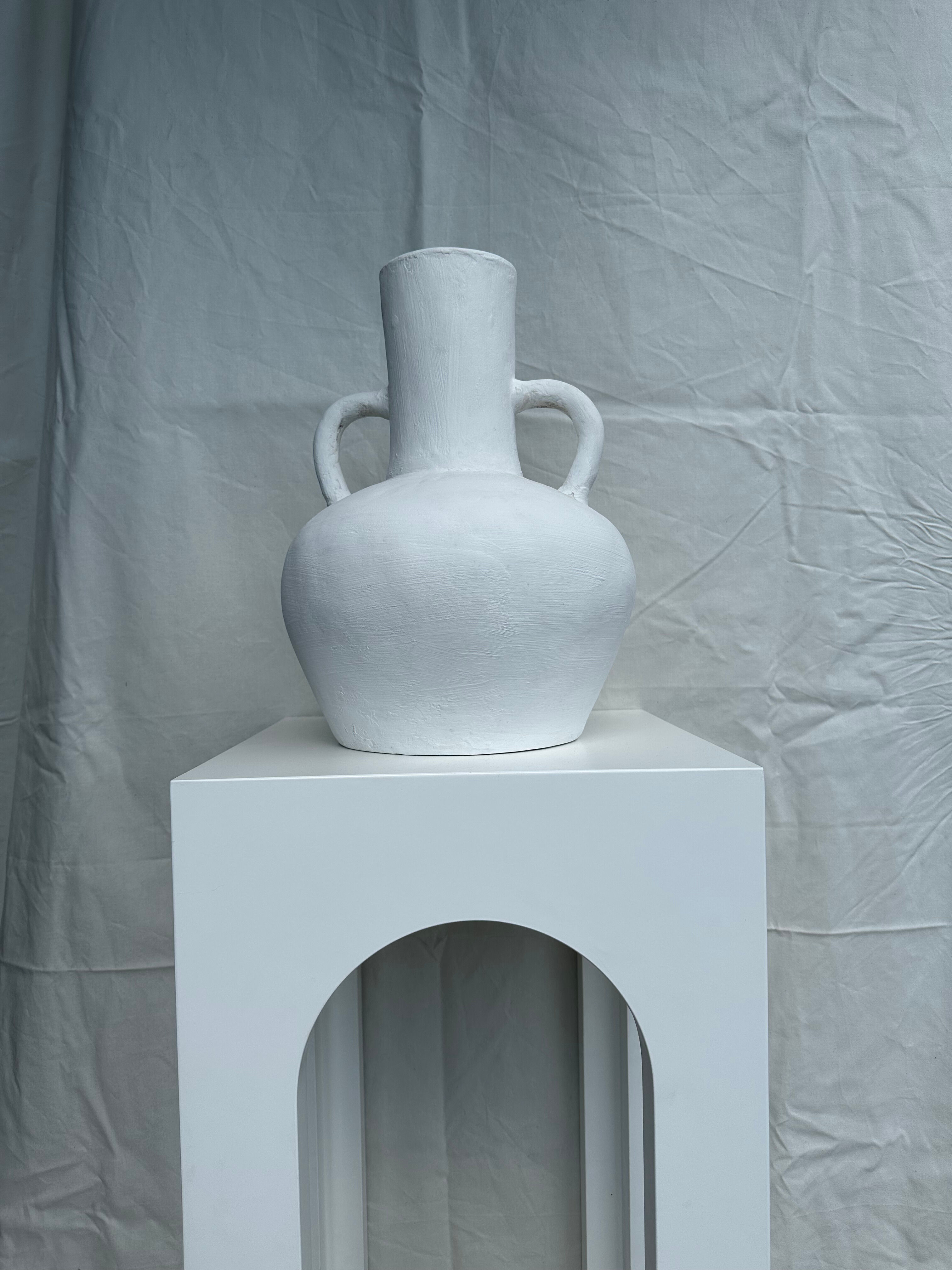Handcrafted terracotta vase painted white with double handles h:40 d:30