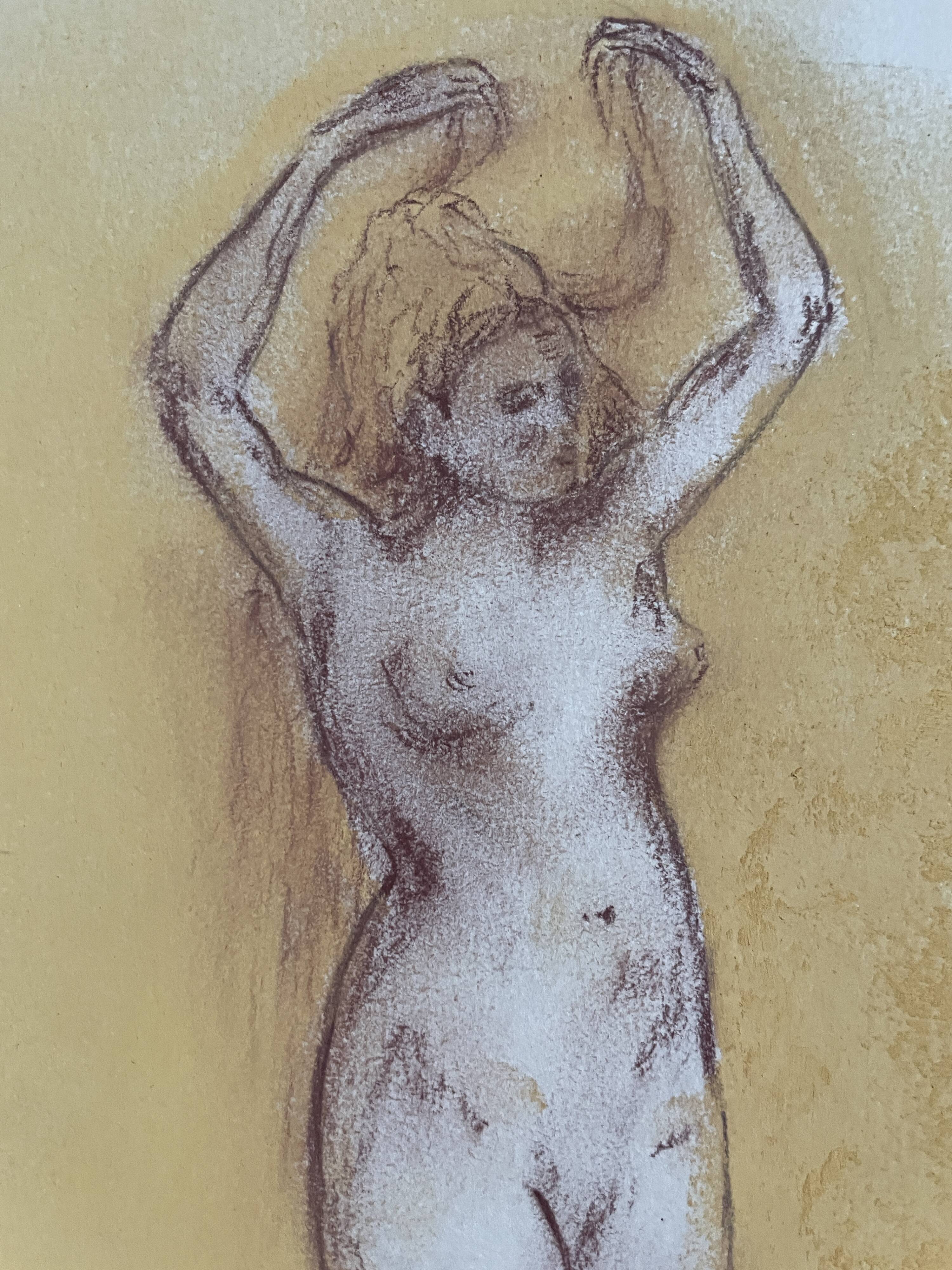 Signed sanguine pastel painting of a female portrait "the hairstyle"