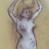 Tableau signé sanguine pastel portait féminin « la coiffure »