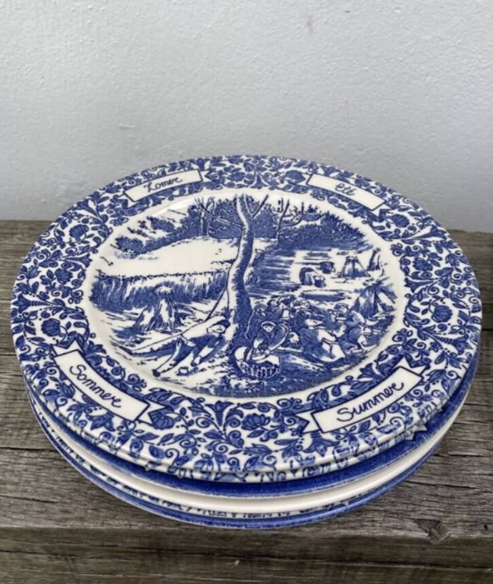 6 vintage English blue Staffordshire plates