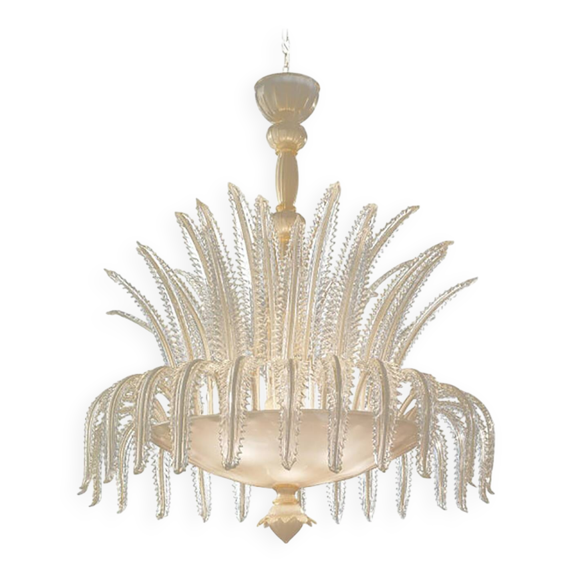Contemporary Venetian White and Gold Leaves Murano Style Glass Chandelier