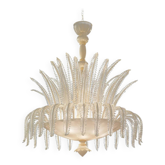 Contemporary Venetian White and Gold Leaves Murano Style Glass Chandelier