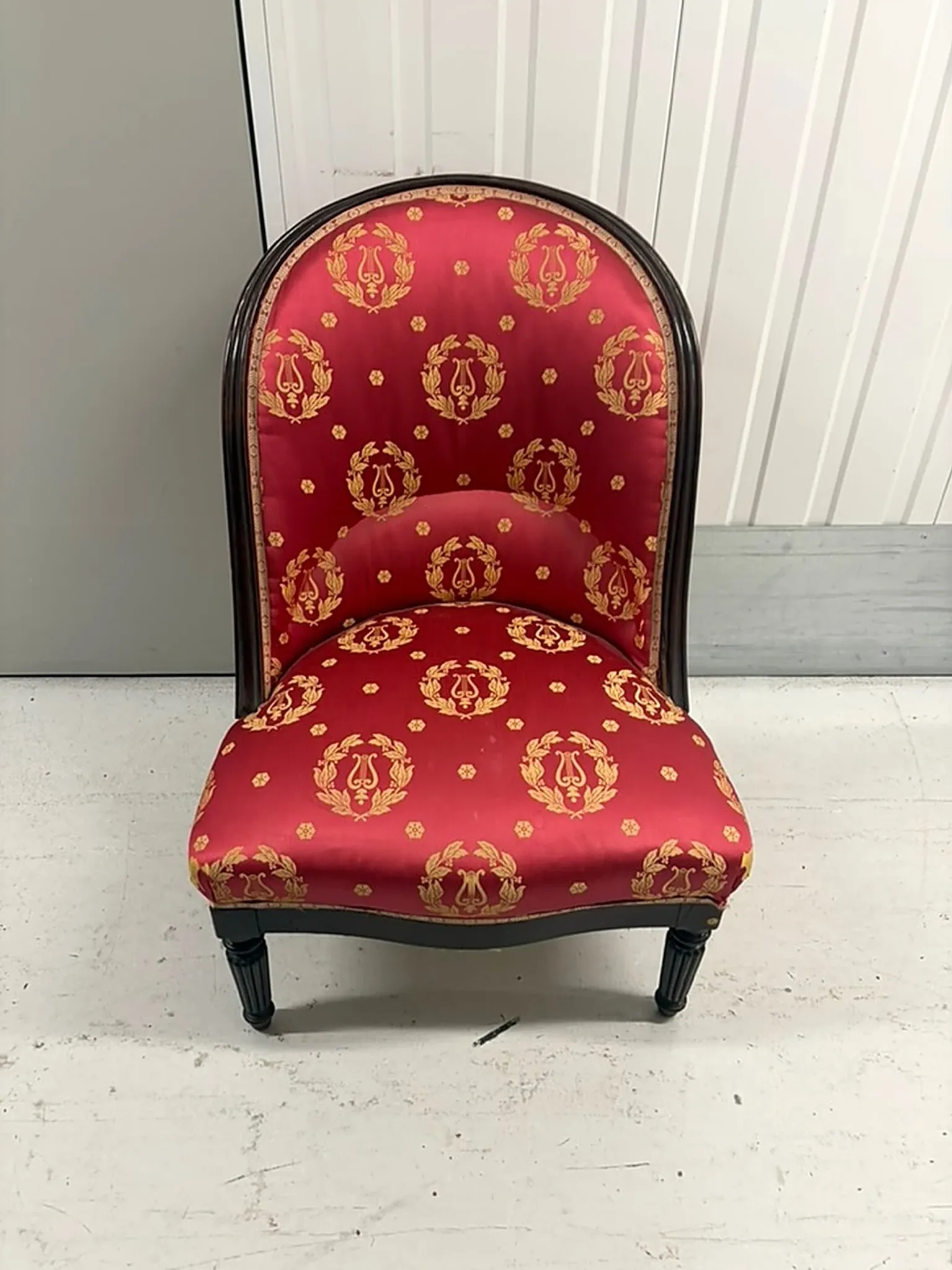 Set of 2 Empire period chairs, red silk with gold trim.