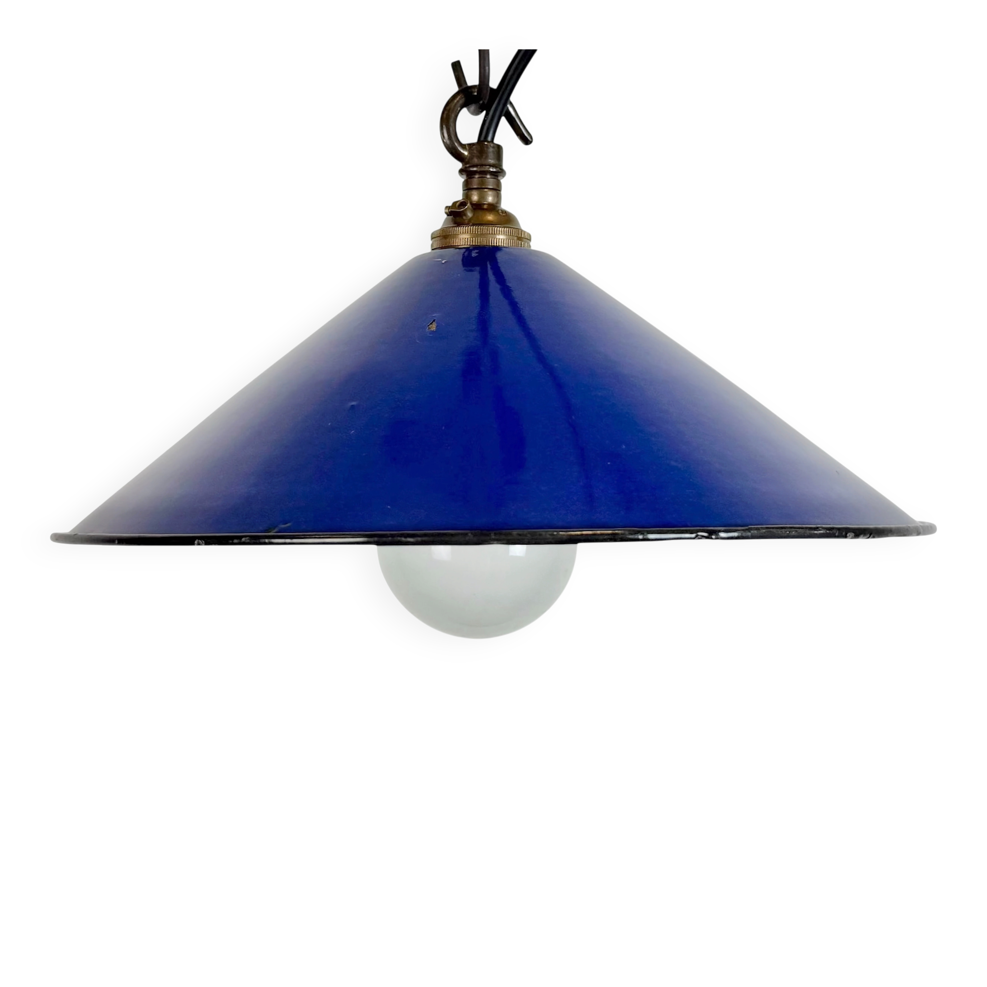Suspension industrielle en émail bleu cobalt, années 1950